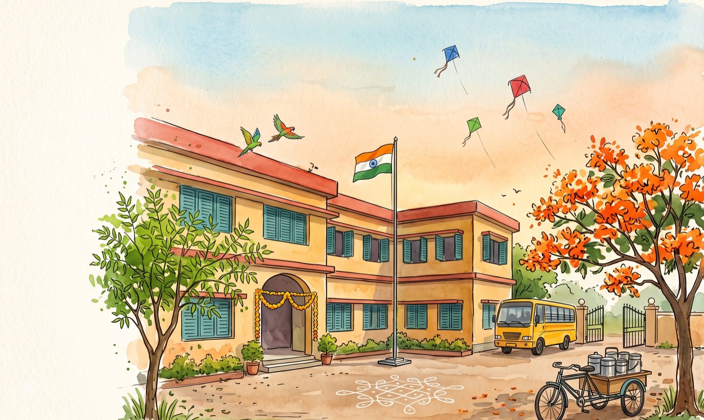 Watercolour of an Indian school on a sunny morning: marigolds over the door, the flag up, a school bus at the gate and kites overhead.